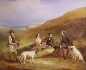 Edward Horner Reynard ja hänen veljensä George, Grouse ampumassa Keeperin kanssa, Tully Lamb, Middlesmoorissa, Yorkshiressa tekijältä John E. Ferneley