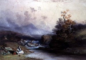 Näkymä Mountain Torrentiin, jossa on kaksi naishahmoa, 1800-luku