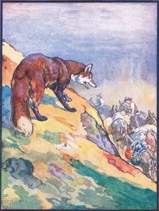 "Hän havaitsi potilaan muulien junan", kuvitus teokselle "The Fox and His Foolish Fear" teoksesta "Eläinlegendat monista maista", julkaisija Raphael Tuck & Sons Ltd. (värilitho) tekijältä John Edwin Noble