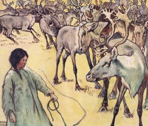 Hirvilauma, kuvitus Gladys Davidsonin "Helpers Without Hands" -julkaisusta, julkaistu vuonna 1919 (värilitho)