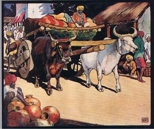 Härät vetämässä kärryä, kuvitus Gladys Davidsonin teoksesta "Helpers Without Hands", julkaistu vuonna 1919 (värilitho)