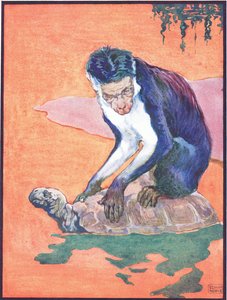 "The Monkey at Once Became Suspicious", kuvitus teoksesta "The Tortoise and the Monkey", julkaisija Raphael Tuck & Sons Ltd. (väri litho)