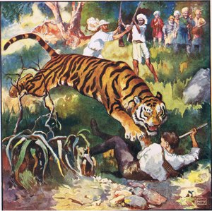Seuraavalla hetkellä näin hänen kaatuvan taaksepäin tiikeriin (väri litho)
