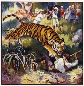 Seuraavalla hetkellä näin hänen kaatuvan taaksepäin tiikeriin (väri litho)