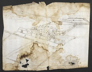 Lisätä. 78610 (i) Prospekti Wottonista, jossa on puutarha, luola ja ympäristö luoteesta, n. 1650 (kynä ja muste paperille) tekijältä John Evelyn