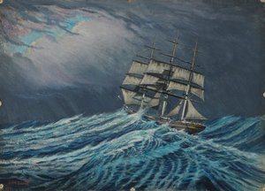Purjelaiva, 1800-luvun loppu - 1900-luvun puoliväli (öljy kortille) tekijältä John Everett