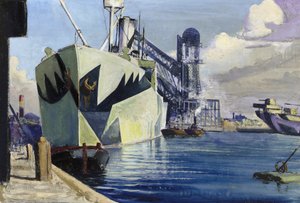Dock Canada Liverpoolissa, jossa on ankkuroitu sota-alus, joka on maalattu värikkäällä naamioinnilla. Herbert Barnard John Everettin (1876-1949) maalaus. tekijältä John Everett