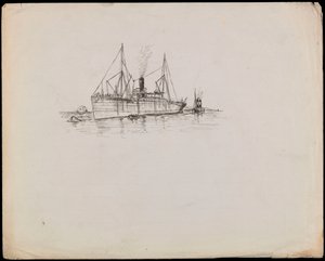 PAH1225; Höyryalus rannikon lähellä, hinaajan ollessa vieressä. Matkustajalaiva hinaajan kanssa ja melahöyrylaiva Tilbury lähellä (piirros). tekijältä John Everett