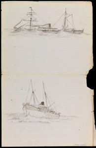 PAH1228; Luonnoksia taistelulaivasta ja kahdesta muusta kuninkaallisen laivaston aluksesta (piirustus) tekijältä John Everett