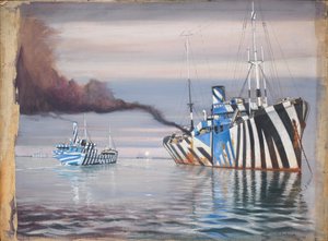 S.S. Lepanto ja toinen höyryalus, molemmat häikäisevästi maalattu, ankkuroituna tyynessä vedessä.