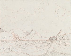 Merimaisema, jossa alus ohittaa maata (1), 1900-luvun alku (grafiitti, ruskea väriliitu) tekijältä John Everett
