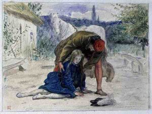 Kuvitus Robert Buchananin (1841-1901) runosta "Maid Avoraine", n. 1862-3 (akvarelli) tekijältä John Everett Millais