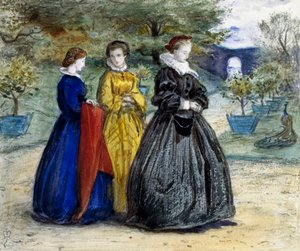 "Mary Queen of Scots" Kuningatar Mary Stuart (1542-1587) eli Skotlannin Maria I ja hänen seurueensa. John Everett Millaisin (1829-1896) (prerafaeeliitti) maalaus. tekijältä John Everett Millais