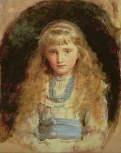 Muotokuva Beatrice Cairdista, jolla on valkoinen mekko, jossa on sininen vyö tekijältä John Everett Millais