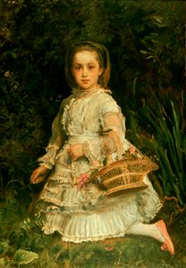 Muotokuva Graciasta, täyspitkä, yllään valkoinen mekko, poimimassa luonnonkukkia tekijältä John Everett Millais