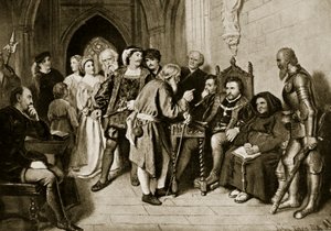 James IV neuvostossa ennen Floddenin taistelua, 1513, kuva "Hutchinsonin tarinasta brittiläisestä kansasta", n. 1923