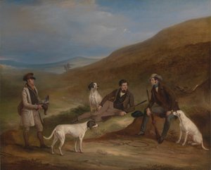 Edward Horner Reynard ja hänen veljensä George Grouse ampuvat Middlesmoorissa Yorkshiressa riistanhoitajansa Tully Lambin kanssa