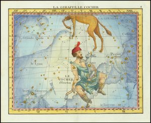 Vuoden 1776 tähtikartta Camelopardalin ja Aurigan tähdistöstä sekä naapuritähtikuvioista Fortinin Atlas Celeste de Flamsteed -teoksesta. tekijältä John Flamsteed