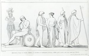 Agamemnon syytti heraldeja Taltibiusta ja Euribatia Briseisin sieppauksesta; Patrokles antoi Akilles sen heidän käsiinsä. John Flaxmanin (1755 - 1826) piirustus. Homeroksen Ilias. Laulaminen I tekijältä John Flaxman