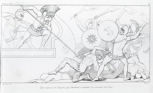 Ajax torjuu troijalaiset, jotka yrittävät polttaa kreikkalaiset laivat. John Flaxmanin (1755 - 1826) piirustus. Homeroksen Ilias. Laulu XV. tekijältä John Flaxman