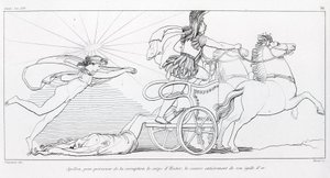 Apollo, auringonjumala, suojaa Hectorin ruumista ja peittää hänet kokonaan kullalla. Laulu XXIV. John Flaxmanin (1755 - 1826) piirustus. Homeroksen Ilias. tekijältä John Flaxman