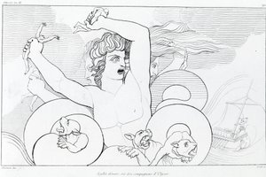 Charybden ja Scyllan jakso: kuusi Ulysseksen toveria on nielty. John Flaxmanin (1755 - 1826) piirustus. Homeroksen Odysseia. Laulu XII.