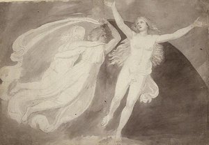 The Ascension of a Soul (kynä, kynä ja muste harmaalla pesulla paperilla) tekijältä John Flaxman