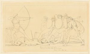 Odysseus tappaa kosijat tekijältä John Flaxman