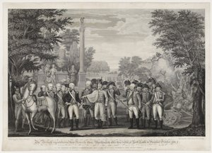 Britit luovuttivat aseensa Gen: Washingtonille tappionsa jälkeen York Townissa Virginiassa lokakuussa 1781. tekijältä John Francis (after) Renault