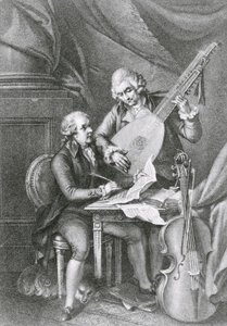 Muotokuva Franz Joseph Haydnista (1732-1809) ja Wolfgang Amadeus Mozartista (1756-91) säveltämässä musiikkia luuttulle, kaivertaja Michele Benedetti (1745-1810).