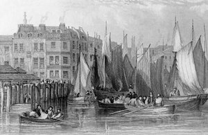 Billingsgate, kuvitus teoksessa "History of London: Illustrated by views of London and Westminster" (Lontoon ja Westminsterin historia, kuvittanut John Woods), julkaistu 1838.