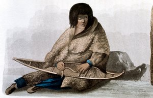 Kuparinen intialainen tyttö korjaa lumikenkiä, 1823 tekijältä John Franklin
