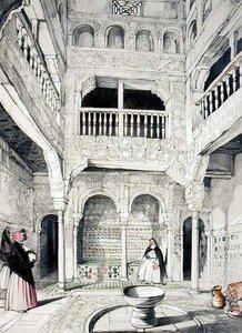 Sisäänkäynti kylpylään, kirjasta "Alhambran luonnokset ja piirustukset", kaiverrus James Duffield Harding (1798-1863)