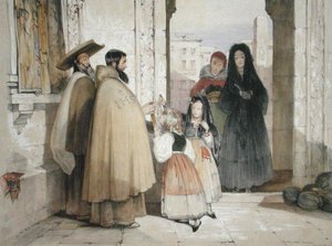 Almuja saavia paristomunkit, julkaisusta "Sketches of Spain", kaiverrettu Charles Joseph Hullmandel (1789-1850), julkaistu 1836 (väri litho)