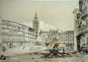 Plaza de San Francisco, Sevilla, julkaisusta "Sketches of Spain", kaiverrettu Charles Joseph Hullmandel (1789-1850), julkaistu 1836 (väri litho) tekijältä John Frederick (after) Lewis