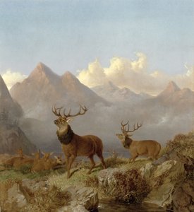 Yksityiskohta hirvieläimistä ja takista ylämaan maisemassa, 1864 tekijältä John Frederick Herring Junior