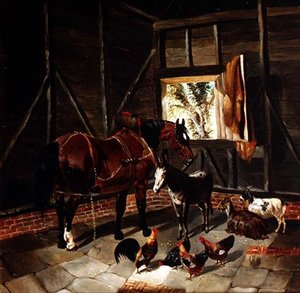 Talli sisustus kärryhevosella ja aasilla tekijältä John Frederick Herring Jnr