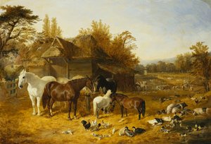 Maatila, jossa hevosia ja poneja, Berkshire, Saddlebacks, Alderney Shorthorn karja, bantams, sinisorsa ja helmikana, maaseutukartano joen varrella kaukana, 1853 tekijältä John Frederick Herring Senior