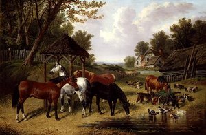 Hevoset maatilalammen rannalla (öljy kankaalle) tekijältä John Frederick Herring Senior