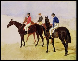Kolmen jyrkänteisen halkeaman tutkimus: Allen McDonough on Brunette, Tom Oliver on Discount ja Jem Mason on Lottery, tai Kolme kilpahevosta, joilla on Jockeys Up.