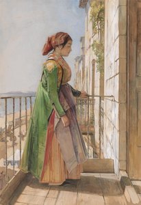 Kreikkalainen tyttö seisoo parvekkeella tekijältä John Frederick Lewis