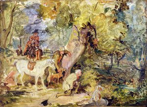 Luonnos Foresters Stalking Deer -peuralle (öljy hiilellä paneelissa) tekijältä John Frederick Lewis