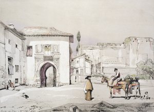 Viiniköynnöksen portti (Puerta del Vino), teoksesta "Alhambran luonnokset ja piirustukset", kaiverrus James Duffield Harding (1798-1863), 1833 tekijältä John Frederick Lewis