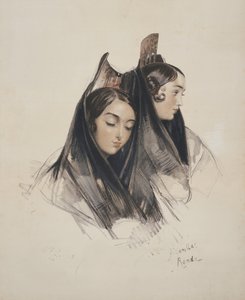 Girls of the Ronda, Andalusia, levy 11 julkaisusta Sketches of Spain, kaiverrettu Charles Joseph Hullmandel (1789-1850), julkaistu 1836 tekijältä John Frederick Lewis