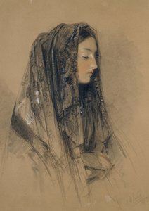 Italian tytön pää mantillassa, 1838 (punainen ja musta liitu ja intialainen mustetta vesiväreillä ja vartaloväreillä kiillotuslevyllä) tekijältä John Frederick Lewis