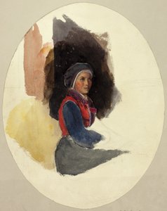 Luonnos istuvasta naisesta talonpoikaispuvussa tekijältä John Frederick Lewis