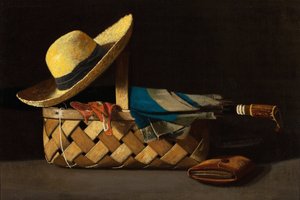 ""Markkikori, hattu ja sateenvarjo"" (Market Basket, Hat and Umbrella) Asetelma - John Frederick Peton (1854-1907) maalaus noin 1890 Yksityinen kokoelma tekijältä John Frederick Peto