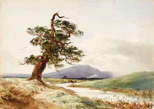 Näkymä puuhun joen rannalla, jossa karja juo, ja violetti kukkula sen takana. tekijältä John Frederick William Herschel