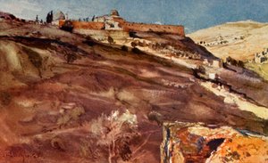 Jerusalem. - Temppelialueen etelämuuri, Hinnomin laaksosta auringonlaskun aikaan, 1902. tekijältä John Fulleylove