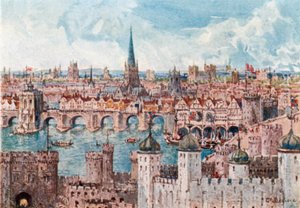 Vanha Lontoon silta vuonna 1386 (värilitografia) tekijältä John Fulleylove